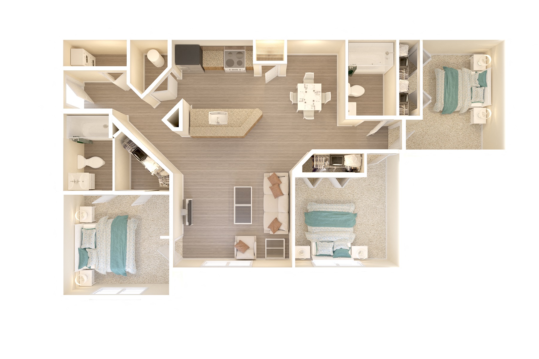 Floor plan for 3 beds, 2 baths, 1174 sqft
